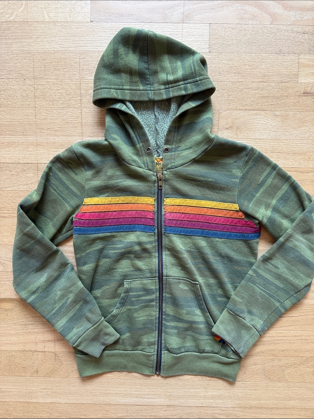 Aviator Nation Kids Green Camo Zip Hoodie w/ Rainbow Stripe, missing string, 12Y